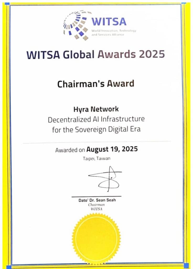 Hyra Network Wins Prestigious Chairman’s Award 2025 at WITSA Global AI Summit