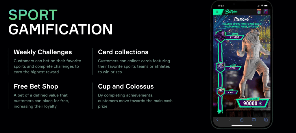 Sports gamification features like challenges, card collections, and Colossus rewards on Betinia.