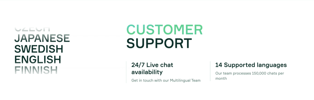 24/7 multilingual customer support with live chat in 14 languages including Swedish, Japanese, and English.