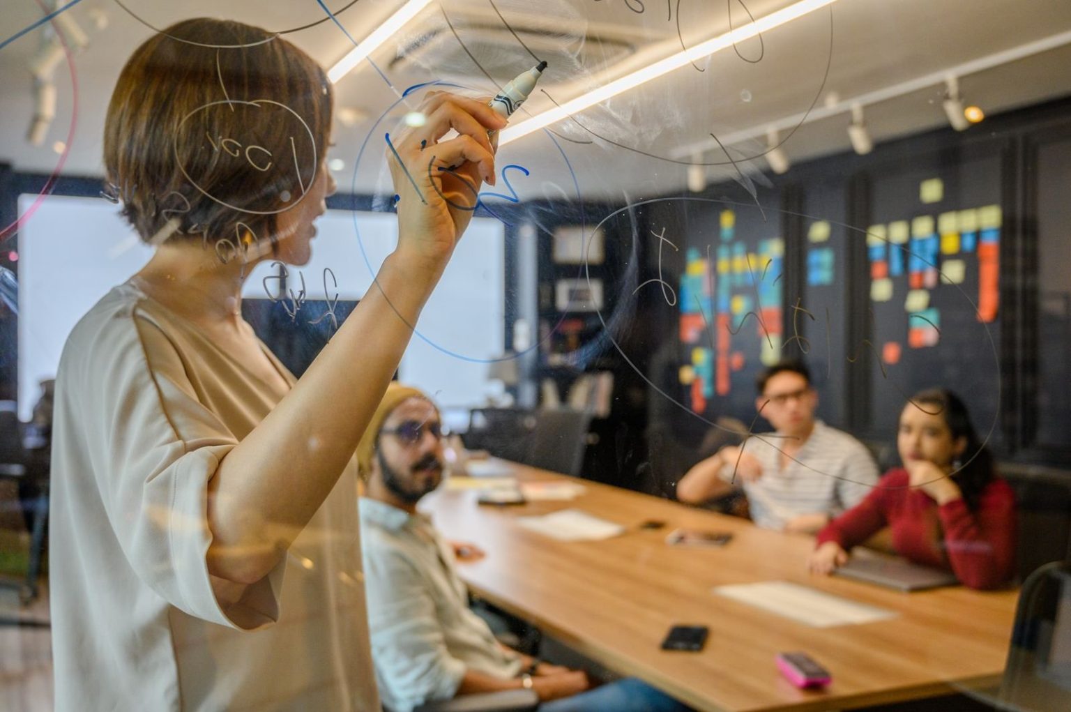 Business Investment Rose 1.7% in Three Months. How Are UK Companies Preparing for Growth? Team meeting with a presenter sketching plans on a glass wall in an office