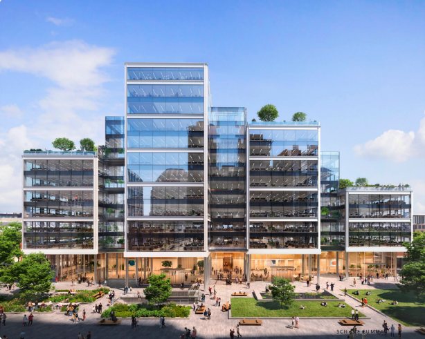 ING and DBS lend £1.016bn for One Spitalfields refurbishment Architectural rendering of a multi-storey mixed-use building with glass and metal facades, green spaces on upper levels, and a ground-floor plaza with people and landscaping