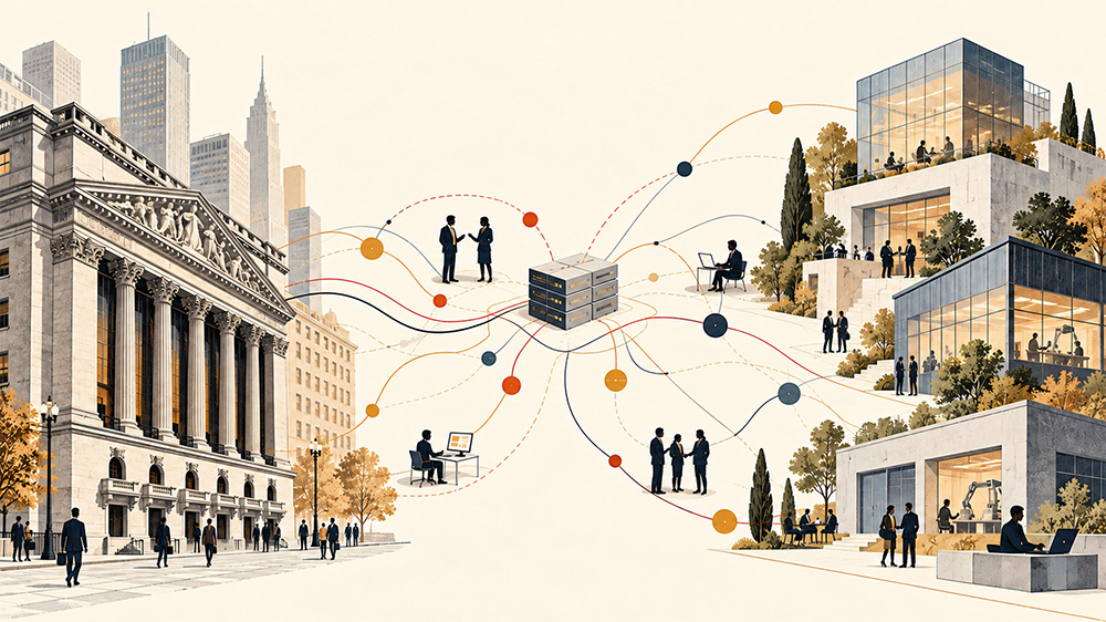 Private Shares Are Opening a New Market for Exchanges and Their Clients Illustration of a stock exchange building linked by data lines to investors, brokers and private companies, as private share markets develop