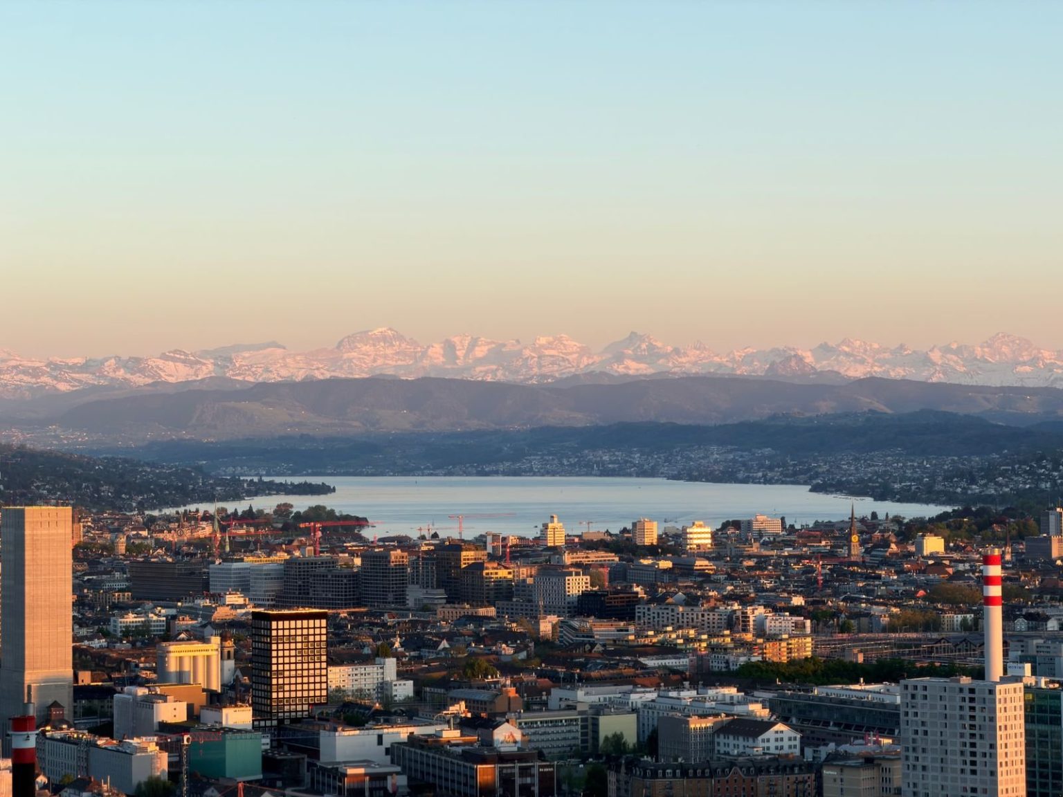 Aerial view of Zurich with the lake and the Alps